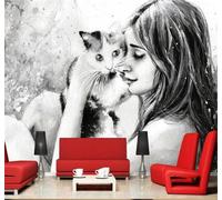 XLMING Abstract Art Black and White Hand Drawn Woman Cat 3D Wallpaper Silky Texture Home Study Office Grey Dining Room Sofa Bedroom Living Room TV Backdrop-200cm×140cm