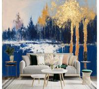 XLMING Abstract Beautiful Blue and Gold Forest Lake Reflection Art 3D Wallpaper Premium Textured Silk Study Dining Living Room Bedroom Sofa TV Wall Easy Install-430cm×300cm