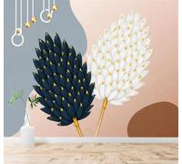 XLMING Abstract Black and White Plants Leaves Golden Accents 3D Wallpaper Silky Texture Home Study Office Grey Dining Room Sofa Bedroom Living Room TV Backdrop-200cm×140cm