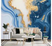 XLMING Abstract Blue and Gold Marble Texture Liquid Art Luxury 3D Wallpaper Silky Texture Home Study Office Grey Dining Room Sofa Bedroom Living Room TV Backdrop-350cm×256cm