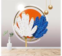 XLMING Abstract Blue and White Feathers Golden Circle Orange Sun 3D Wallpaper Premium Textured Silk Study Dining Living Room Bedroom Sofa TV Wall Easy Install-430cm×300cm