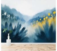XLMING Abstract Blue Mountains Mist Yellow Flowers Landscape 3D Wallpaper Premium Textured Silk Study Dining Living Room Bedroom Sofa TV Wall Easy Install-150cm×105cm