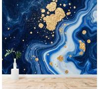 XLMING Abstract Blue Waves Gold Leaf Texture Liquid Art 3D Wallpaper Premium Textured Silk Study Dining Living Room Bedroom Sofa TV Wall Easy Install-150cm×105cm