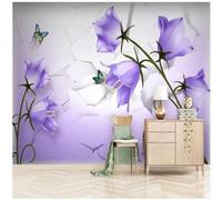 XLMING Abstract Broken Wall Fresh Purple Flowers Butterflies 3D Wallpaper Silky Texture Home Study Office Grey Dining Room Sofa Bedroom Living Room TV Backdrop-300cm×210cm
