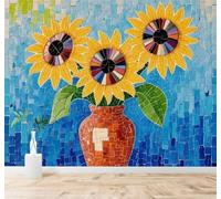 XLMING Abstract Colourful Mosaic Sunflowers Vase Blue 3D Wallpaper Premium Textured Silk Study Dining Living Room Bedroom Sofa TV Wall Easy Install-250cm×170cm
