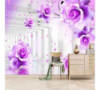 XLMING Abstract Corridor Spatial Extension Purple Flowers 3D Wallpaper Premium Textured Silk Study Dining Living Room Bedroom Sofa TV Wall Easy Install-430cm×300cm