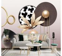 XLMING Abstract Geometric Art Golden Leaves Metal Ball 3D Wallpaper Premium Textured Silk Study Dining Living Room Bedroom Sofa TV Wall Easy Install-200cm×140cm