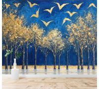 XLMING Abstract Gold Trees Blue Night Birds in Flight 3D Wallpaper Premium Textured Silk Study Dining Living Room Bedroom Sofa TV Wall Easy Install-200cm×140cm