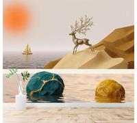 XLMING Abstract Golden Deer Sailing Ship Sunset Ocean 3D Wallpaper Premium Textured Silk Study Dining Living Room Bedroom Sofa TV Wall Easy Install-350cm×256cm