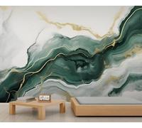 XLMING Abstract Green Gold Ink Wash Art 3D Wallpaper Premium Textured Silk Study Dining Living Room Bedroom Sofa TV Wall Easy Install-350cm×256cm