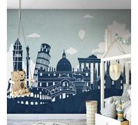 XLMING Abstract Hand Drawn City Architecture White Clouds Sky 3D Wallpaper Premium Textured Silk Study Dining Living Room Bedroom Sofa TV Wall Easy Install-150cm×105cm