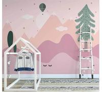 XLMING Abstract Pink Mountains Peaks Hot Air Balloon Trees 3D Wallpaper Premium Textured Silk Study Dining Living Room Bedroom Sofa TV Wall Easy Install-400cm×280cm