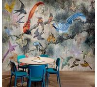 XLMING Abstract Retro Old Walls Flowers and Birds Images 3D Wallpaper Silky Texture Home Study Office Grey Dining Room Sofa Bedroom Living Room TV Backdrop-300cm×210cm
