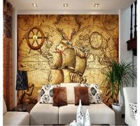 XLMING Abstract Vintage Sailing Ship World Map Theme 3D Wallpaper Silky Texture Home Study Office Grey Dining Room Sofa Bedroom Living Room TV Backdrop-250cm×170cm