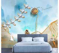 XLMING Abstract Watercolour Gold Thread Birds in Flight Lotus Root 3D Wallpaper Luxury Home Dining Decor Paste Sofa Living Room The Wall for Bedroom Mural-400cm×280cm