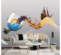 XLMING Abstract Wave Pattern Wine Glass Golden Liquid Sailing Boat 3D Wallpaper Silky Texture Home Study Office Grey Dining Room Sofa Bedroom Living Room TV Backdrop-400cm×280cm