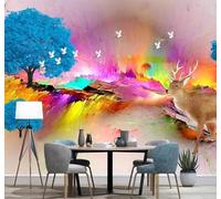 XLMING Aesthetics Northern Lights Reindeer Trees Birds 3D Wallpaper Premium Textured Silk Study Dining Living Room Bedroom Sofa TV Wall Easy Install-150cm×105cm