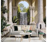 XLMING Arched Architecture Waterfall Lush Greenery Marble Columns 3D Wallpaper Silky Texture Home Study Office Grey Dining Room Sofa Bedroom Living Room TV Backdrop-150cm×105cm