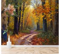 XLMING Autumn Forest Path Colourful Trees Falling Leaves 3D Wallpaper Silky Texture Home Study Office Grey Dining Room Sofa Bedroom Living Room TV Backdrop-200cm×140cm