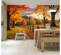 XLMING Autumn Forest Path Trees Golden Sunset Wooden Fence 3D Wallpaper Premium Textured Silk Study Dining Living Room Bedroom Sofa TV Wall Easy Install-200cm×140cm