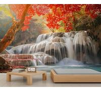 XLMING Autumn Red Maple Leaves Sunlight Waterfall 3D Wallpaper Premium Textured Silk Study Dining Living Room Bedroom Sofa TV Wall Easy Install-400cm×280cm