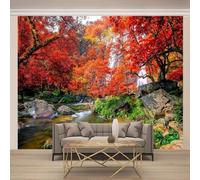 XLMING Autumn Red Woods Waterfall River 3D Wallpaper Luxury Silk Study Dining Feature Sofa Grey Bedroom Living Room Tv Decorative Wall-150cm×105cm