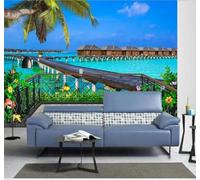 XLMING Balcony Wooden Bridge Sea View Coconut Trees Café 3D Wallpaper Luxury Home Dining Decor Paste Sofa Living Room The Wall for Bedroom Mural-150cm×105cm