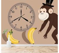 XLMING Banana Clock Illustration Cartoon Monkey 3D Wallpaper Silky Texture Home Study Office Grey Dining Room Sofa Bedroom Living Room TV Backdrop-400cm×280cm