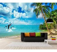 XLMING Beach Coconut Palms Sea Sky Birds in Flight 3D Wallpaper Premium Textured Silk Study Dining Living Room Bedroom Sofa TV Wall Easy Install-430cm×300cm