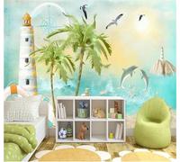 XLMING Beach Coconut Trees Lighthouse Seagulls Cartoon 3D Wallpaper Silky Texture Home Study Office Grey Dining Room Sofa Bedroom Living Room TV Backdrop-300cm×210cm
