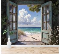 XLMING Beach Scenery Waves Blue Sky Vintage Blue Wooden Door 3D Wallpaper Silky Texture Home Study Office Grey Dining Room Sofa Bedroom Living Room TV Backdrop-250cm×170cm