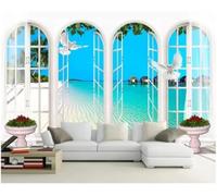 XLMING Beach Sea Birds in Flight Archway Window 3D Wallpaper Luxury Silk Study Dining Feature Sofa Grey Bedroom Living Room Tv Decorative Wall-250cm×170cm