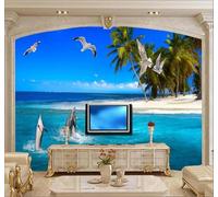 XLMING Beautiful Beach Coconut Trees Dolphins Seascape 3D Wallpaper Premium Textured Silk Study Dining Living Room Bedroom Sofa TV Wall Easy Install-150cm×105cm