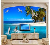 XLMING Beautiful Beach Coconut Trees Dolphins Seascape 3D Wallpaper Premium Textured Silk Study Dining Living Room Bedroom Sofa TV Wall Easy Install-400cm×280cm