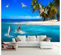 XLMING Beautiful Beach Coconut Trees Dolphins Seascape 3D Wallpaper Silky Texture Home Study Office Grey Dining Room Sofa Bedroom Living Room TV Backdrop-400cm×280cm