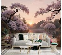 XLMING Beautiful Cherry Blossom Trees Lakes Water Lilies Sunset Scenery 3D Wallpaper Premium Textured Silk Study Dining Living Room Bedroom Sofa TV Wall Easy Install-300cm×210cm