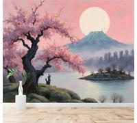 XLMING Beautiful Cherry Blossom Trees Mountain Ranges Lakes Full Moon 3D Wallpaper Silky Texture Home Study Office Grey Dining Room Sofa Bedroom Living Room TV Backdrop-200cm×140cm