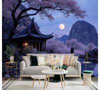 XLMING Beautiful Cherry Blossoms Full Moon Mountain Peaks Reflection 3D Wallpaper Premium Textured Silk Study Dining Living Room Bedroom Sofa TV Wall Easy Install-430cm×300cm