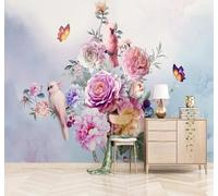 XLMING Beautiful Colourful Flowers Little Birds Butterflies 3D Wallpaper Premium Textured Silk Study Dining Living Room Bedroom Sofa TV Wall Easy Install-400cm×280cm