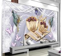 XLMING Beautiful Crystal Pearl Rose Butterfly Romantic 3D Wallpaper Silky Texture Home Study Office Grey Dining Room Sofa Bedroom Living Room TV Backdrop-400cm×280cm