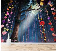XLMING Beautiful Dreamy Forest Colourful Heart Shaped Garland Little Birds 3D Wallpaper Premium Textured Silk Study Dining Living Room Bedroom Sofa TV Wall Easy Install-250cm×170cm