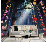 XLMING Beautiful Dreamy Forest Colourful Heart Shaped Wreath Little Bird 3D Wallpaper Silky Texture Home Study Office Grey Dining Room Sofa Bedroom Living Room TV Backdrop-400cm×280cm