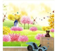 XLMING Beautiful Dreamy Meadow Small Trees Butterflies Windmills 3D Wallpaper Silky Texture Home Study Office Grey Dining Room Sofa Bedroom Living Room TV Backdrop-250cm×170cm