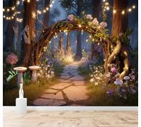 XLMING Beautiful Flower Lit Lamps Stone Path Forest Night Scene 3D Wallpaper Silky Texture Home Study Office Grey Dining Room Sofa Bedroom Living Room TV Backdrop-400cm×280cm