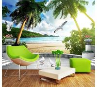 XLMING Beautiful Fresh Beach Balcony Seascape 3D Wallpaper Premium Textured Silk Study Dining Living Room Bedroom Sofa TV Wall Easy Install-200cm×140cm