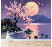 XLMING Beautiful Full Moon Cherry Blossom Trees Mountains Lakes 3D Wallpaper Premium Textured Silk Study Dining Living Room Bedroom Sofa TV Wall Easy Install-430cm×300cm