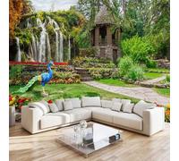XLMING Beautiful Garden Landscape Waterfall Peacock Flowers 3D Wallpaper Textured Silk Easy Install Living Room Sofa Bedroom Dining Room Home Decoration Wall-250cm×170cm