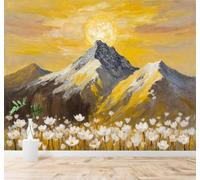 XLMING Beautiful Golden Sunset Mountain Scenery Brilliant White Flowers Sky 3D Wallpaper Premium Textured Silk Study Dining Living Room Bedroom Sofa TV Wall Easy Install-300cm×210cm