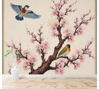 XLMING Beautiful Minimalist Pink Cherry Blossom Tree Branches Little Birds 3D Wallpaper Premium Textured Silk Study Dining Living Room Bedroom Sofa TV Wall Easy Install-300cm×210cm
