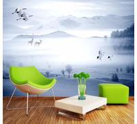 XLMING Beautiful Mountain Peaks Woodland Birds in Flight Elk 3D Wallpaper Premium Textured Silk Study Dining Living Room Bedroom Sofa TV Wall Easy Install-350cm×256cm